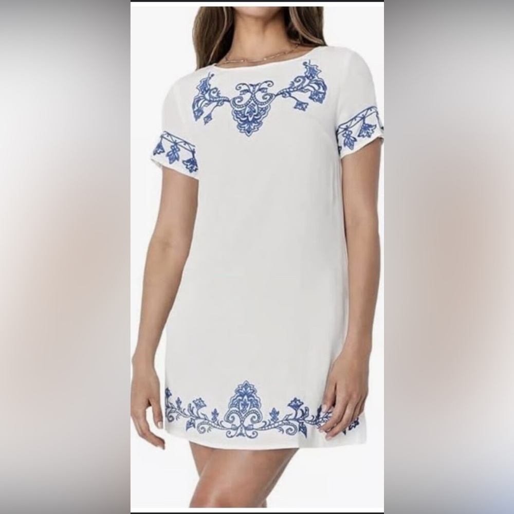 Lulus Blue and Ivory Embroidered Shift Dress